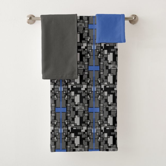 Masculine Blue Grey Geometric Bath Towel Set (Insitu)