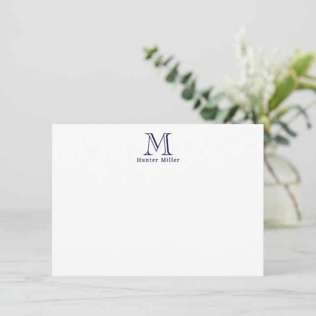 Masculine Blue Initial Monogram and Name Flat Note (Standing Front)