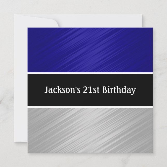 Masculine Blue Silver Stripes Party Invitation (Front)