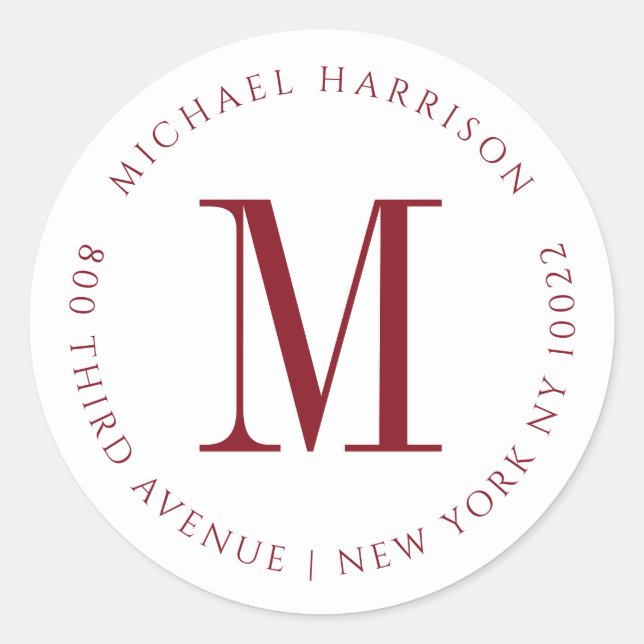 Masculine Burgundy Red Monogram Classic  Round Sticker (Front)