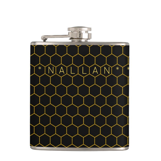 Masculine & classy honeycomb pattern black yellow hip flask (Front)
