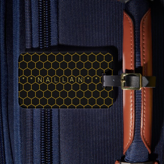 Masculine & classy honeycomb pattern black yellow luggage tag (Front Insitu 4)