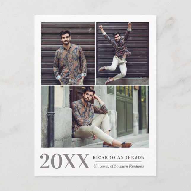 Masculine College 3 Photo Graduation Announcement Postcard (Front)