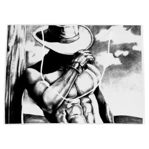 Masculine Cool Cowboy Bodybuilder Charcoal Drawing Large Gift Bag
