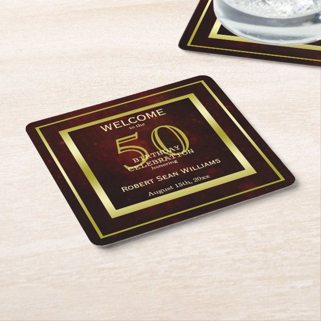 Masculine Double Gold Frame 50th Birthday Square Paper Coaster (Angled)