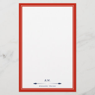 Masculine Elegant Red Navy Blue Monogrammed Stationery