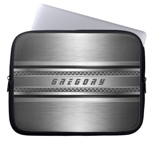 Masculine Faux Silver grey Stripes Design Laptop Sleeve (Front)