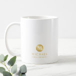 Masculine Gold Personalised Groomsmen Coffee Mug<br><div class="desc">Add a personal touch to your wedding with personalised groomsmen mug. This mug features monogram in gold circle element with name and title in gold professional font style. Also perfect for best man, father of the bride, ring bearer and more. Please Note : The foil details are simulated in the...</div>