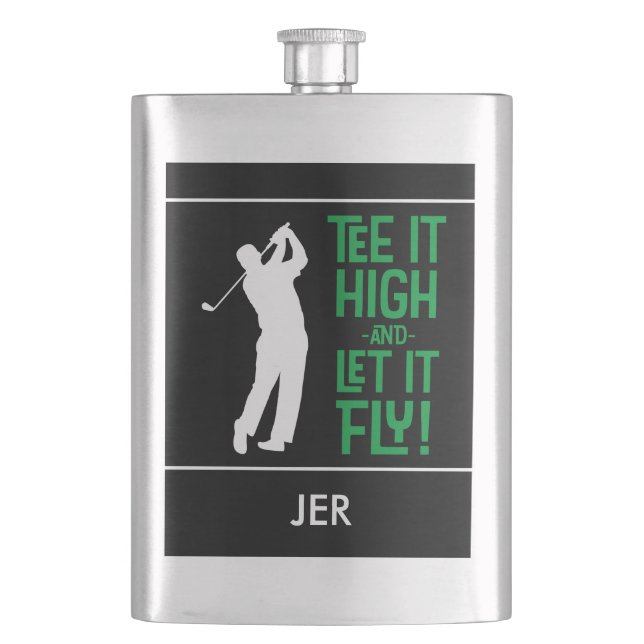Masculine Golf Tee Quote Cute Monogram Black Green Hip Flask (Front)