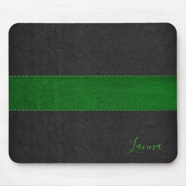 Masculine Green & Black Leather Monogram Mouse Pad (Front)