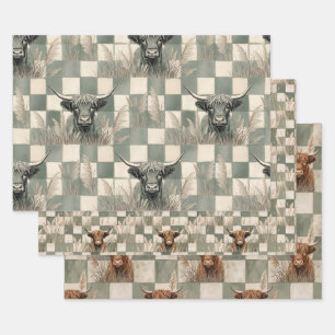 Masculine Grey Blue Checkered Highland Cow Wrapping Paper Sheet