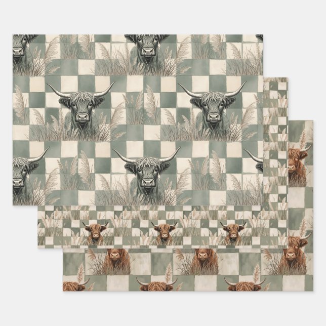 Masculine Grey Blue Checkered Highland Cow Wrapping Paper Sheet (Set)