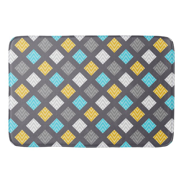Masculine Grey Blue Yellow Geometric Pattern Bath Mat (Front)