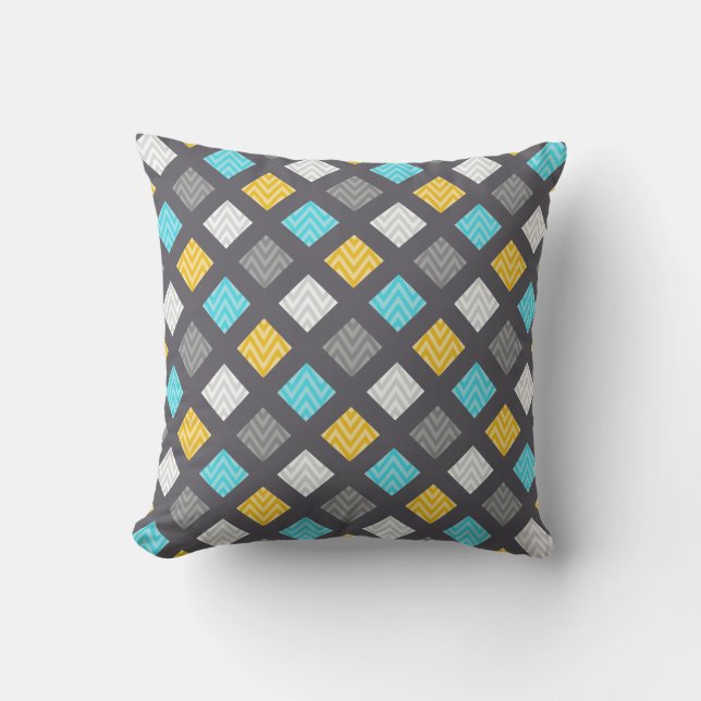 Masculine Grey Blue Yellow Geometric Pattern Cushion (Front)
