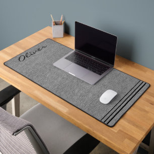Masculine, Grey Denim Print, Black Script Accents Desk Mat