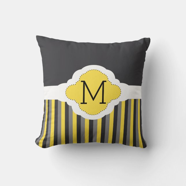 Masculine Grey & Yellow Stripes Pattern Monogram Cushion (Front)