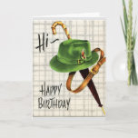 Masculine Happy Birthday Card<br><div class="desc">This would be a nice birthday card for someone. It would be nice for a guy especially. A man's hat is shown with a feather and an umbrella. It is a vintage card of times gone by.</div>