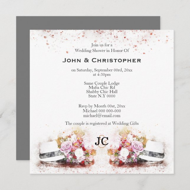 Masculine hat watercolor bouquet gay marriage invitation (Front/Back)
