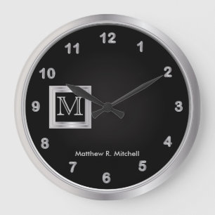 Masculine Monogram Black and Silver Executive Large Clock
