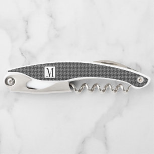 Masculine Monogram Houndstooth Black Grey Pattern Corkscrew
