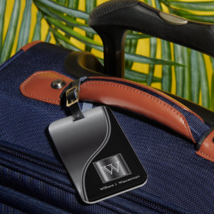 Masculine Monogram Style Black Faux Steel  Luggage Tag