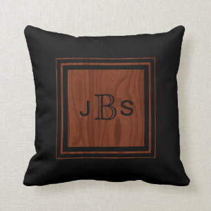 Masculine Monogram   Woodgrain Mahogany Look Black Cushion