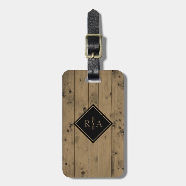 Masculine Monogrammed Initials | Rustic Wood Plank Luggage Tag (Front Vertical)