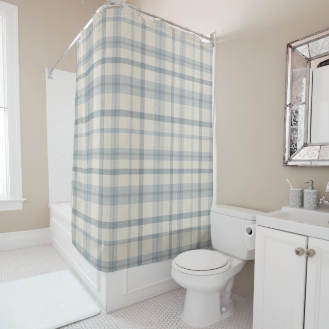Masculine Muted Blue Plaid w/ Linen Texture Shower Curtain (In Situ)