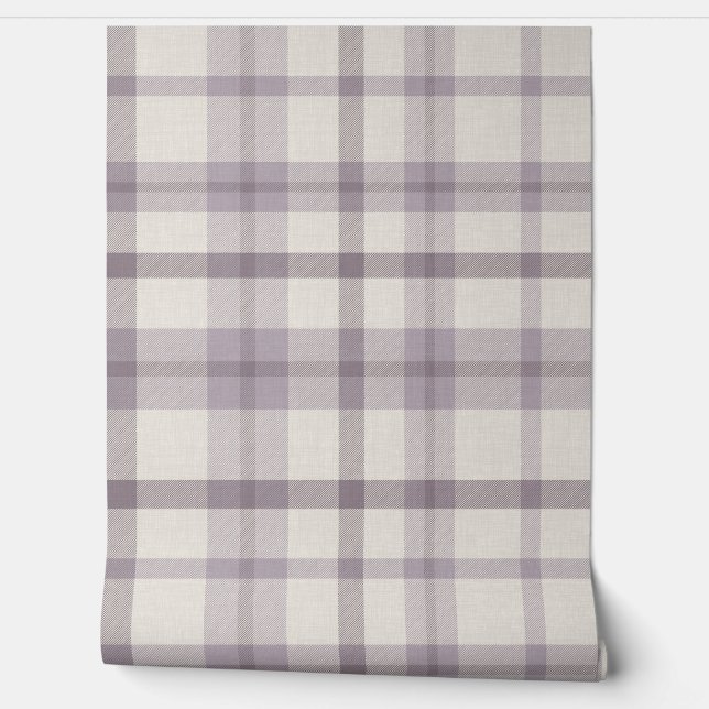 Masculine Muted Purple Plaid w/ Linen Texture Wallpaper (Unrolling)