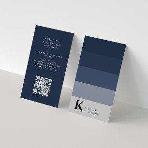 Masculine Navy Blue Ombre Classic Monogram QR Code Business Card
