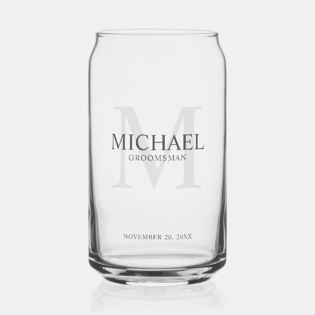 Masculine Personalised Monogram and Name Groomsmen Can Glass (Front)