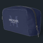 Masculine Personalised Monogram and Name Groomsmen Dopp Kit<br><div class="desc">Add a personal touch to your wedding with personalised groomsmen gift.
This design features personalised groomsman's name with title in white and monogram in light navy blue as background,  in classic serif font style on navy blue background.

Also perfect for best man,  father of the bride and more.</div>