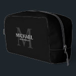 Masculine Personalised Monogram and Name Groomsmen Dopp Kit<br><div class="desc">Add a personal touch to your wedding with personalised groomsmen gift.
This design features personalised groomsman's name with title in white and monogram in light grey as background,  in classic serif font style on black background.

Also perfect for best man,  father of the bride and more.</div>