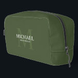 Masculine Personalised Monogram and Name Groomsmen Dopp Kit<br><div class="desc">Add a personal touch to your wedding with personalised groomsmen gift.
This design features personalised groomsman's name with title in white and monogram in light olive green as background,  in classic serif font style on olive green background.

Also perfect for best man,  father of the bride and more.</div>