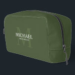 Masculine Personalised Monogram and Name Groomsmen Dopp Kit<br><div class="desc">Add a personal touch to your wedding with personalised groomsmen gift.
This design features personalised groomsman's name with title in white and monogram in light olive green as background,  in classic serif font style on olive green background.

Also perfect for best man,  father of the bride and more.</div>