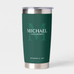 Masculine Personalised Monogram and Name Groomsmen Insulated Tumbler<br><div class="desc">Add a personal touch to your wedding with personalised groomsmen gift. This design features personalised groomsman's name with title in white and monogram in light emerald green as background, in classic serif font style on emerald green background. Also perfect for best man, father of the bride, ring bearer and more....</div>