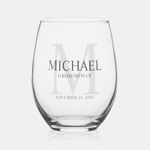 Masculine Personalised Monogram and Name Groomsmen Stemless Wine Glass