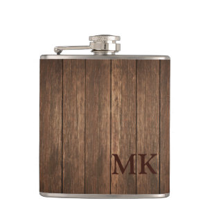 Masculine Rustic Wood Design Initial Monogram Hip Flask