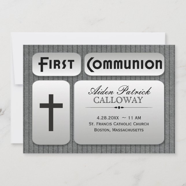 Masculine Silver Grey Pinstripes First Communion Invitation (Front)