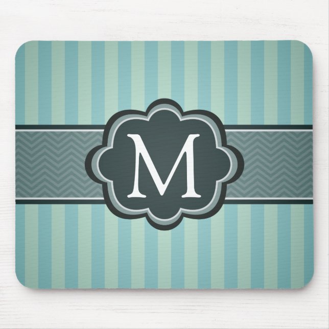 Masculine Teal Blue Stripes Custom Monogram Mouse Pad (Front)