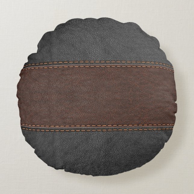Masculine Vintage Black And Brown leather Round Cushion (Front)