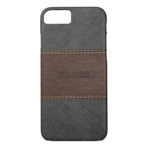 masculine Vintage Black & Brown Stitched Leather iPhone 8/7 Case