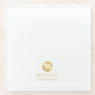 Masculine White and Gold Personalised Groomsmen Glass Coaster