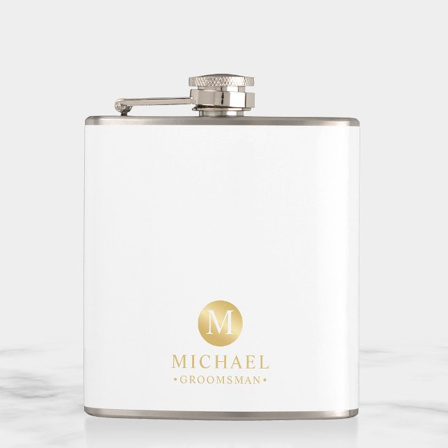 Masculine White and Gold Personalised Groomsmen Hip Flask (Creator Uploaded)