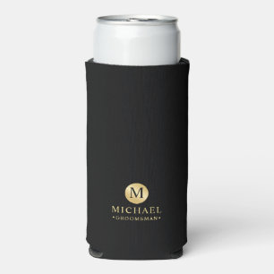 Masculine White and Gold Personalised Groomsmen Seltzer Can Cooler