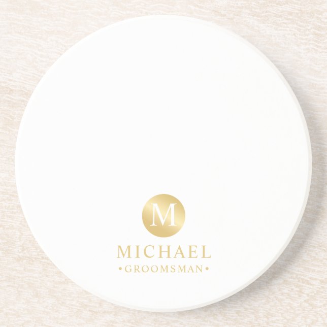 Masculine White and Gold Personalized Groomsmen Coaster (Front)