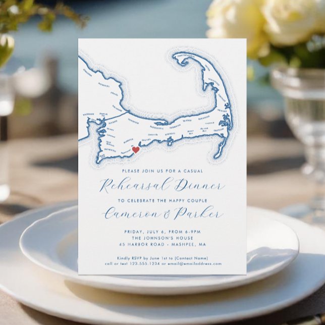 Mashpee MA Casual Wedding Rehearsal Dinner Invitation (Mashpee MA Casual Cape Cod Wedding Rehearsal Dinner Invitation in Navy Blue from Coastal Map Designs)