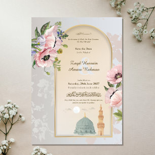 Masjid An-Nabawi Watercolor & Pink Poppies Islamic Save The Date