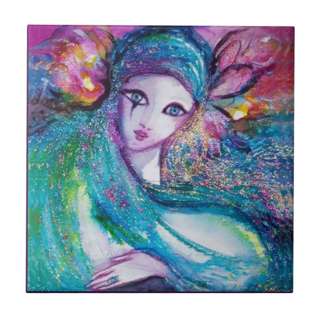 MASK IN BLUE / Venetian Masquerade Ball,teal Ceramic Tile (Front)