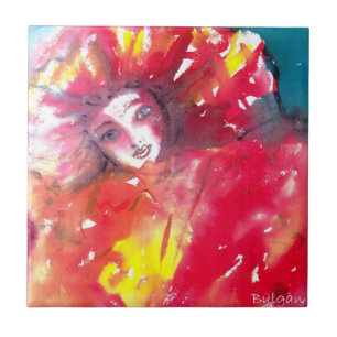 MASK IN RED / Venetian Masquerade Ball, Yellow Ceramic Tile